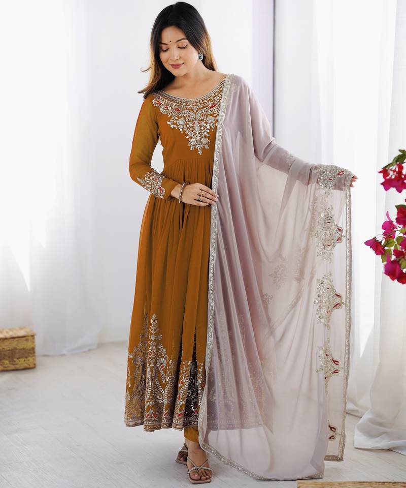 Embroidered georgette anarkali suit with dupatta & pant set