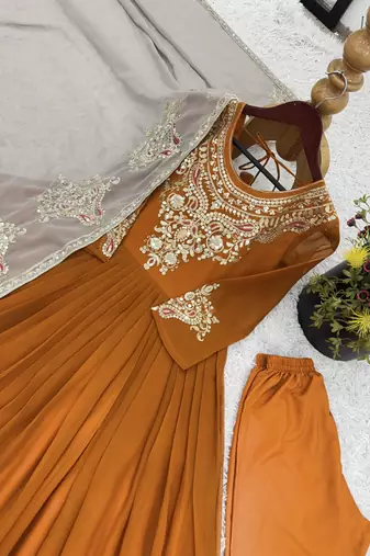 mud georgette embroidered anarkali suit set with dupatta