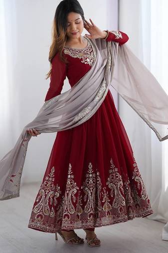 Embroidered georgette anarkali suit with dupatta & pant set