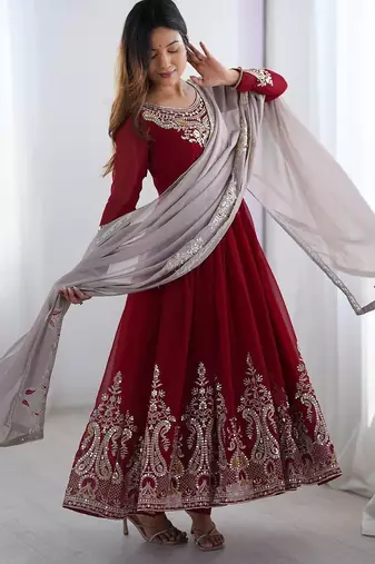 Embroidered georgette anarkali suit with dupatta & pant set