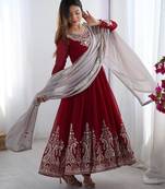 red georgette embroidered anarkali suit set with dupatta