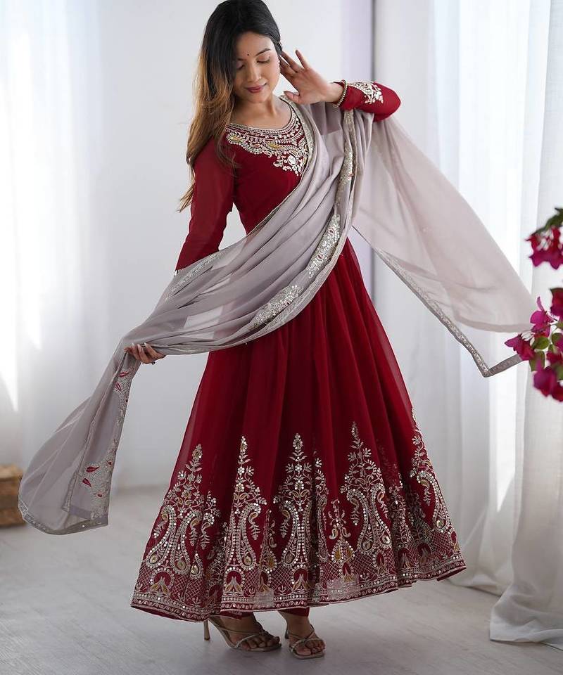 Embroidered georgette anarkali suit with dupatta & pant set