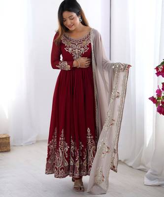 red georgette embroidered anarkali suit set with dupatta 2