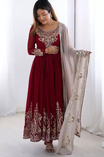 red georgette embroidered anarkali suit set with dupatta