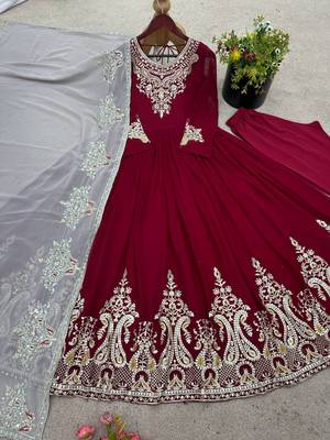 red georgette embroidered anarkali suit set with dupatta 3