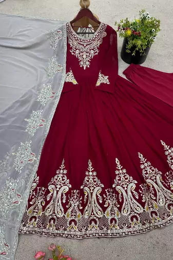 red georgette embroidered anarkali suit set with dupatta