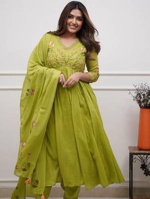 green rayon embroidered flared anarkali suit with pant & dupatta 1