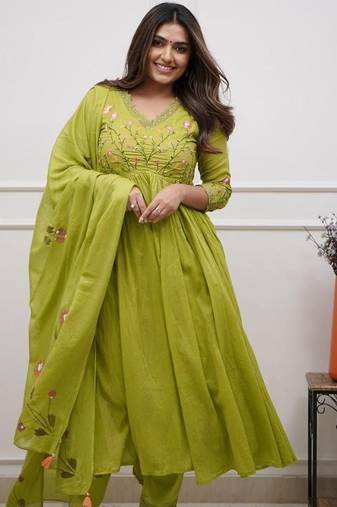 Women's Rayon Embroidered Designer Ethnic Flared Anarkali With Pant & Dupatta Set