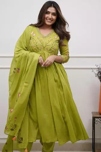 Women's Rayon Embroidered Designer Ethnic Flared Anarkali With Pant & Dupatta Set