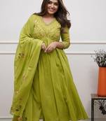 Women's Rayon Embroidered Designer Ethnic Flared Anarkali With Pant & Dupatta Set