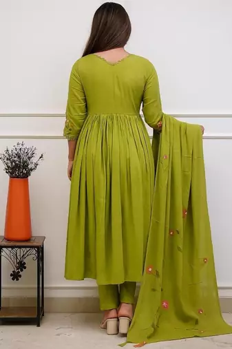 green rayon embroidered flared anarkali suit with pant & dupatta