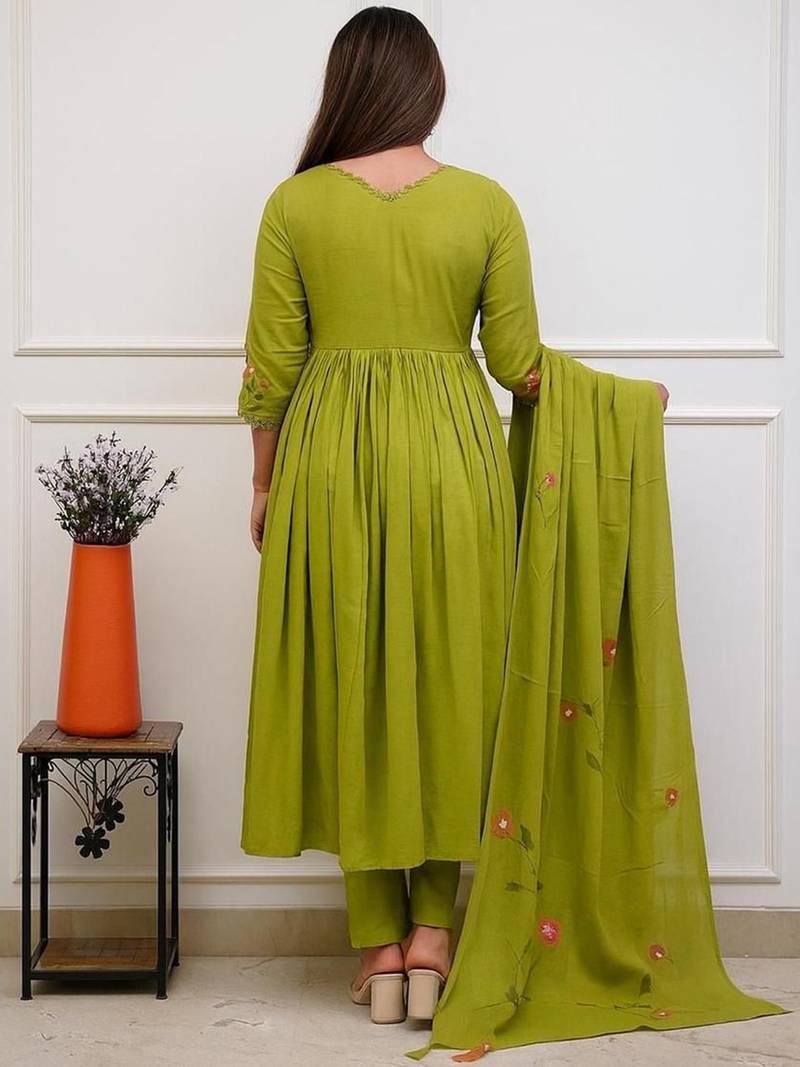 Women's Rayon Embroidered Designer Ethnic Flared Anarkali With Pant & Dupatta Set