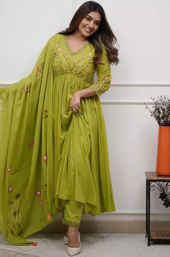 green rayon embroidered flared anarkali suit with pant & dupatta