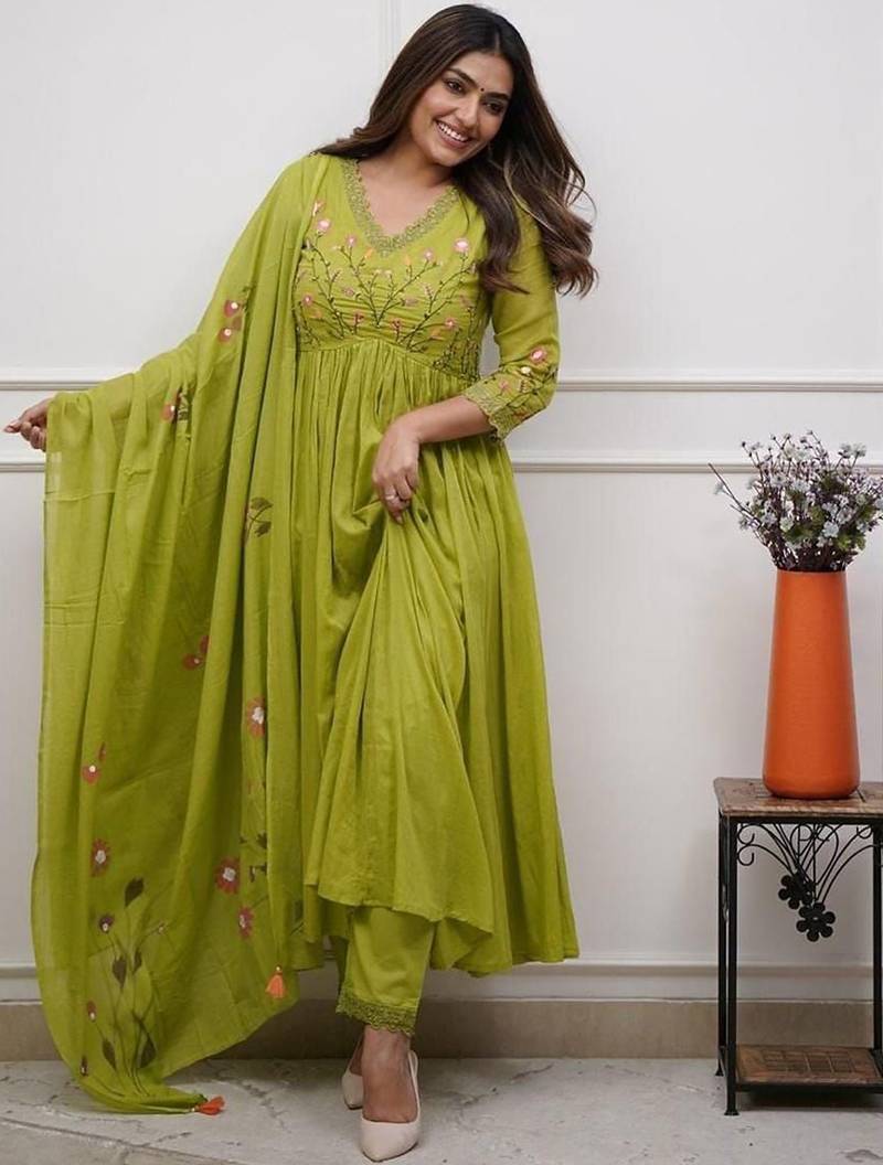 Women's Rayon Embroidered Designer Ethnic Flared Anarkali With Pant & Dupatta Set