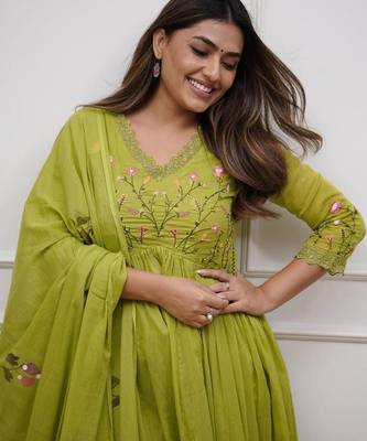 green rayon embroidered flared anarkali suit with pant & dupatta 4