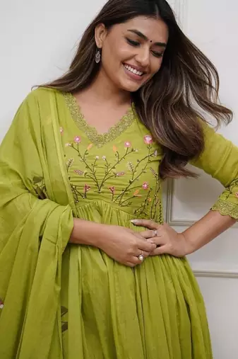 green rayon embroidered flared anarkali suit with pant & dupatta