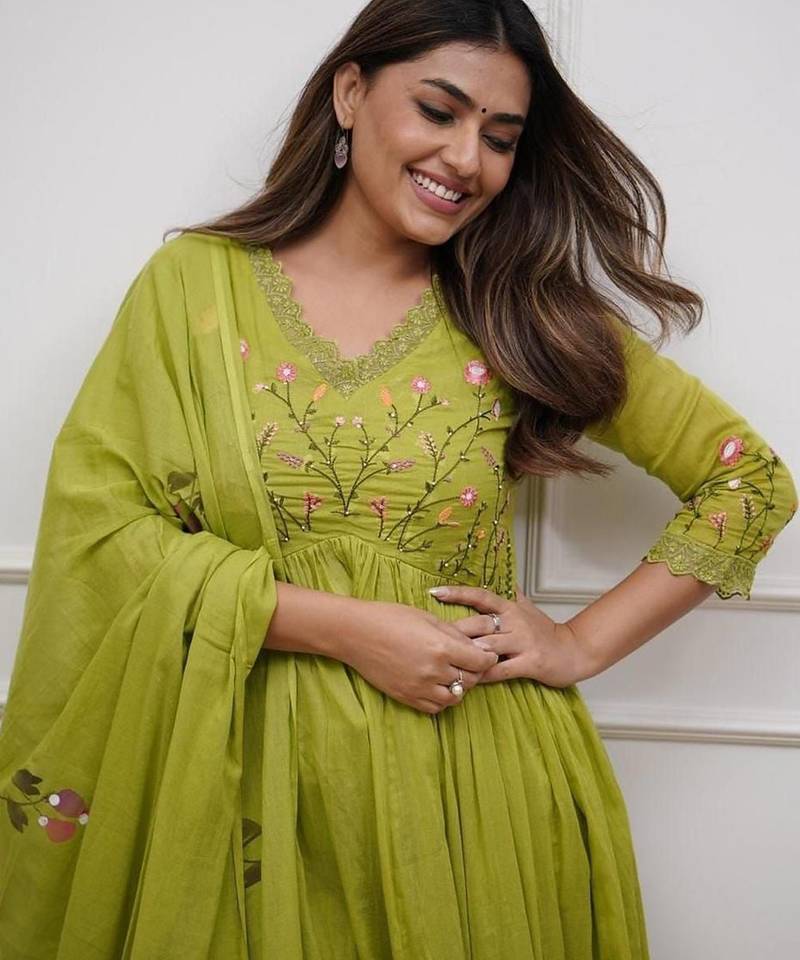 Women's Rayon Embroidered Designer Ethnic Flared Anarkali With Pant & Dupatta Set