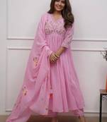 pink rayon embroidered anarkali suit with pant & dupatta