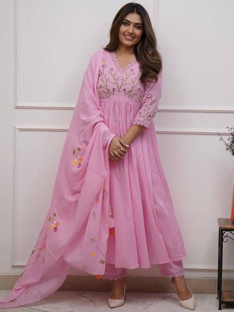 pink rayon embroidered anarkali suit with pant & dupatta
