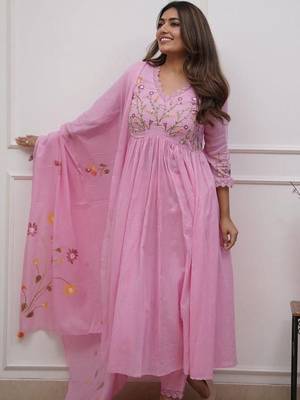 pink rayon embroidered anarkali suit with pant & dupatta 2