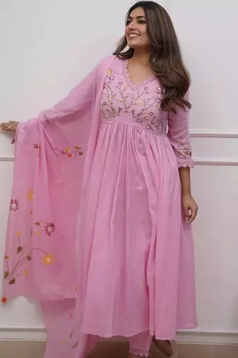 pink rayon embroidered anarkali suit with pant & dupatta