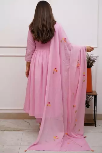 pink rayon embroidered anarkali suit with pant & dupatta