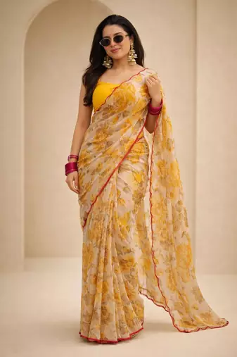 Pre draped soft georgette saree with digital print & aari work