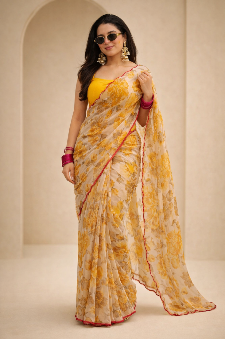 Pre draped soft georgette saree with digital print & aari work