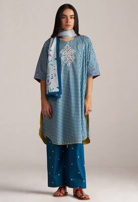 blue & white mul cotton check co-ord set 1