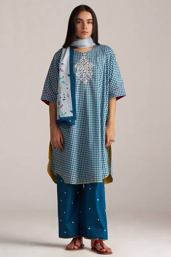 blue & white mul cotton check co-ord set