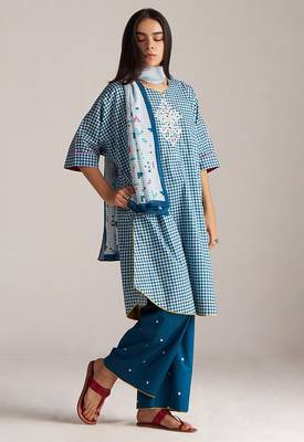 blue & white mul cotton check co-ord set 2