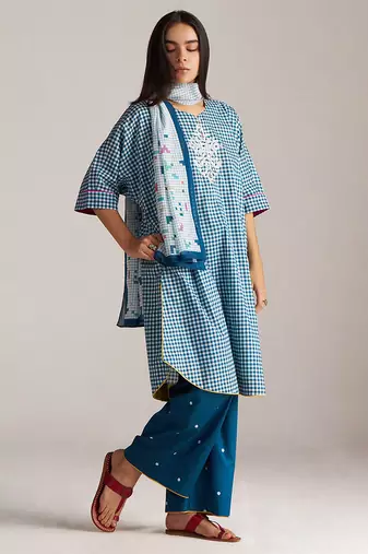 blue & white mul cotton check co-ord set
