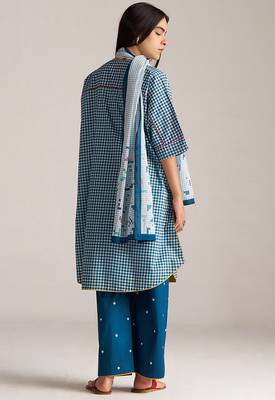 blue & white mul cotton check co-ord set 3