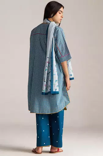 blue & white mul cotton check co-ord set