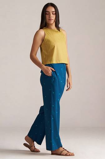 blue kimono co-ord set with moss yellow top & printed pants