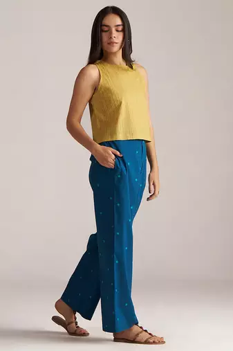 Navigate blue checkard kimono with moss-yellow top and blue bottom co-ord set
