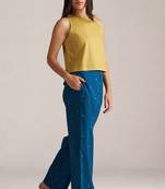 Navigate blue checkard kimono with moss-yellow top and blue bottom co-ord set