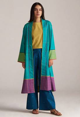 blue kimono co-ord set with moss yellow top & printed pants 3
