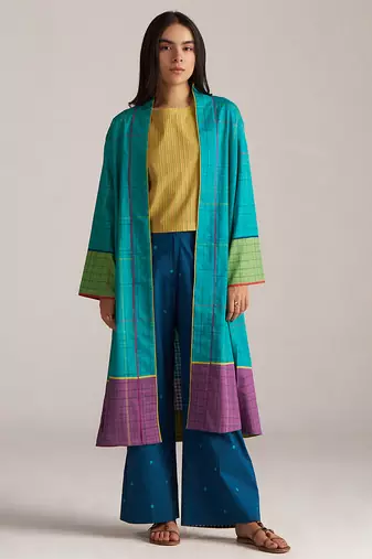blue kimono co-ord set with moss yellow top & printed pants