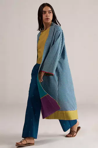 blue kimono co-ord set with moss yellow top & printed pants
