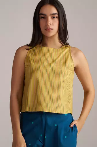 blue kimono co-ord set with moss yellow top & printed pants