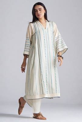 ivory & blue cotton linen co-ord set with sequin neck detailing 1