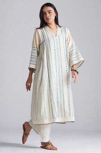 ivory & blue cotton linen co-ord set with sequin neck detailing