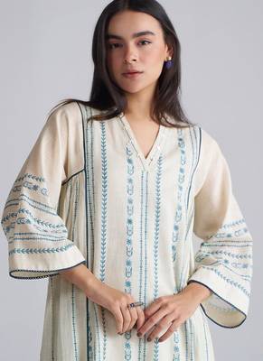 ivory & blue cotton linen co-ord set with sequin neck detailing 2