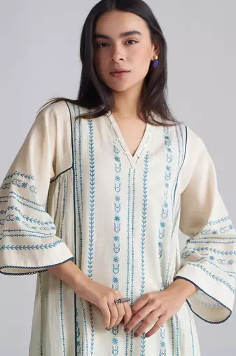 ivory & blue cotton linen co-ord set with sequin neck detailing