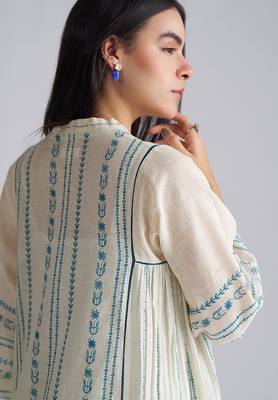 ivory & blue cotton linen co-ord set with sequin neck detailing 3