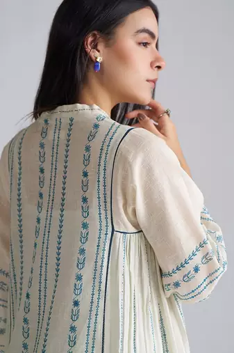 ivory & blue cotton linen co-ord set with sequin neck detailing