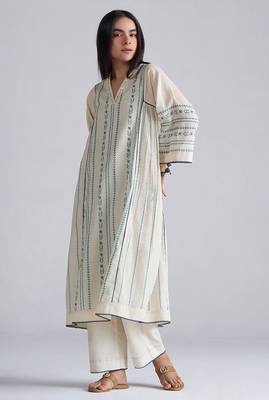 ivory & blue cotton linen co-ord set with sequin neck detailing 4