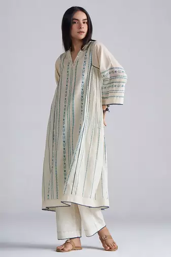 ivory & blue cotton linen co-ord set with sequin neck detailing