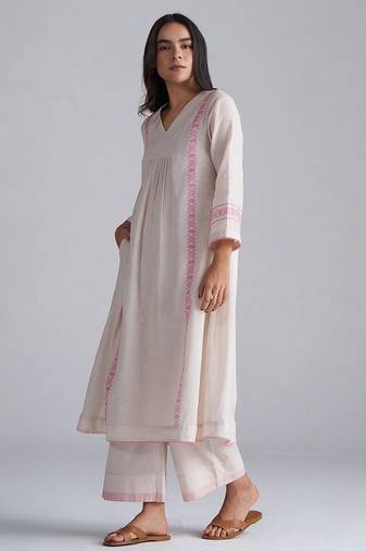 ivory & morning glory pink cotton linen co-ord set with thread detailing